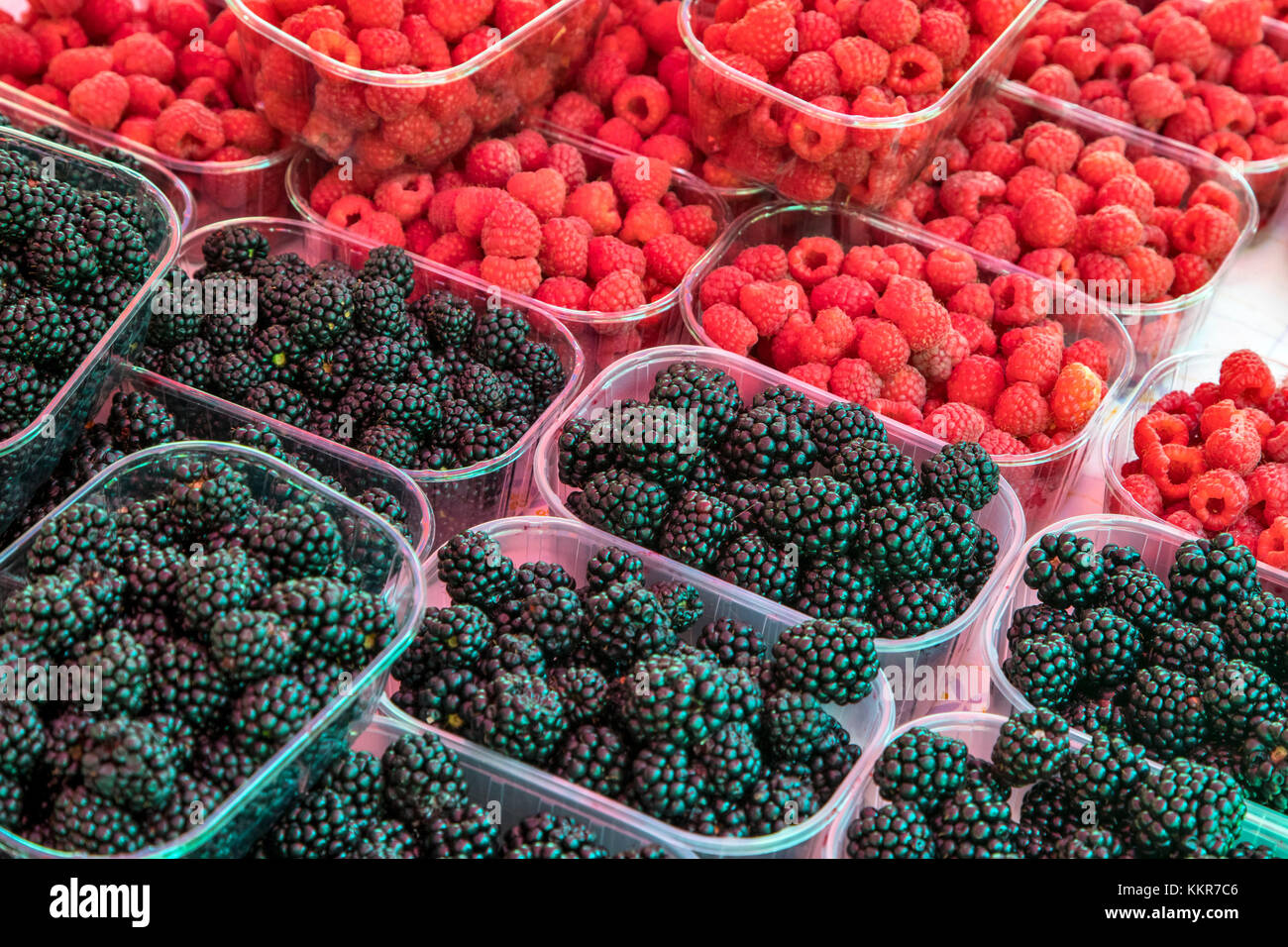 Blackberries and raspberries on sale at the open-air market of Split, Dalmatia, Croatia Stock Photo