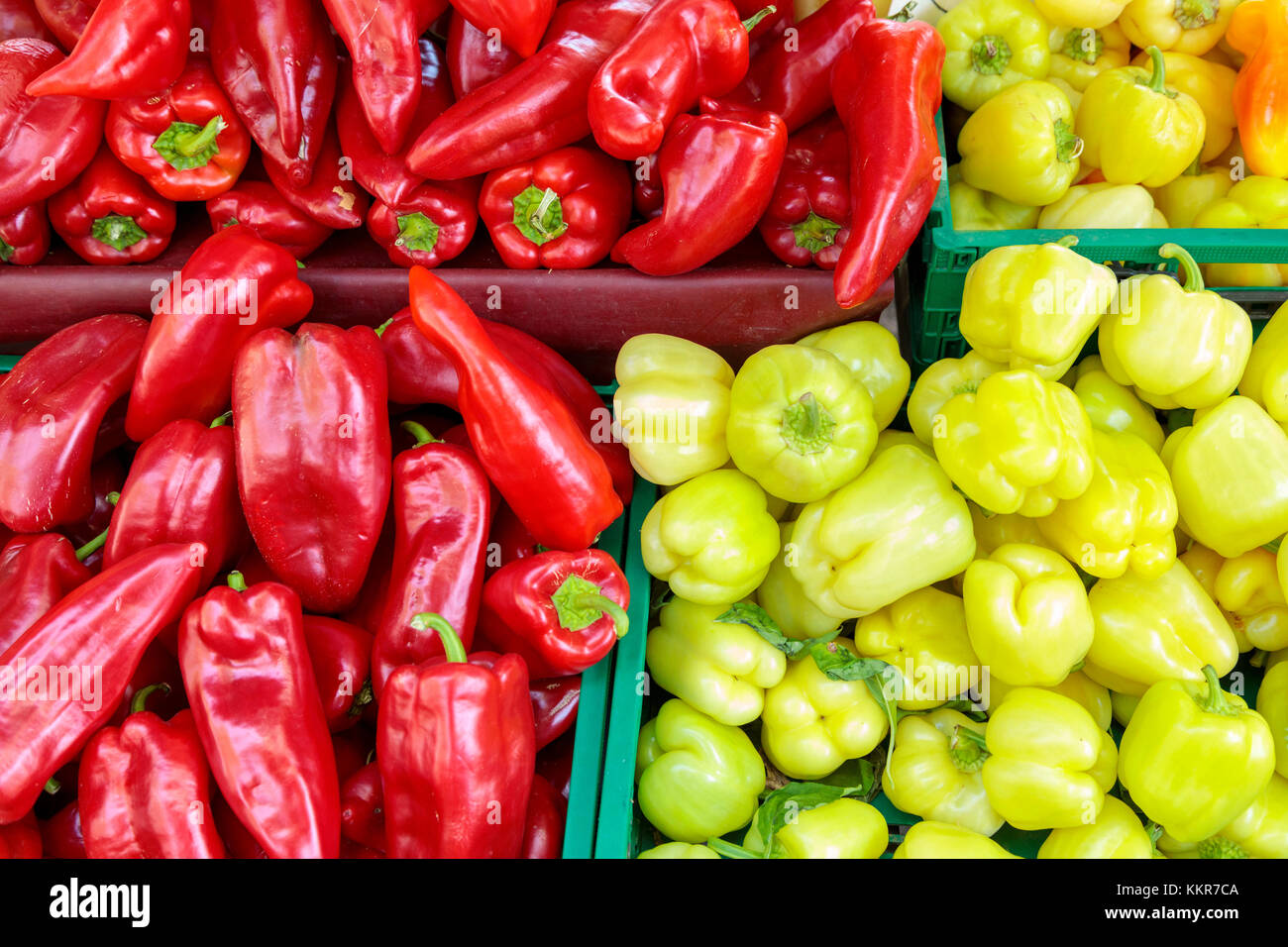 Red and yellow peppers on sale at the open-air market of Split, Dalmatia, Croatia Stock Photo