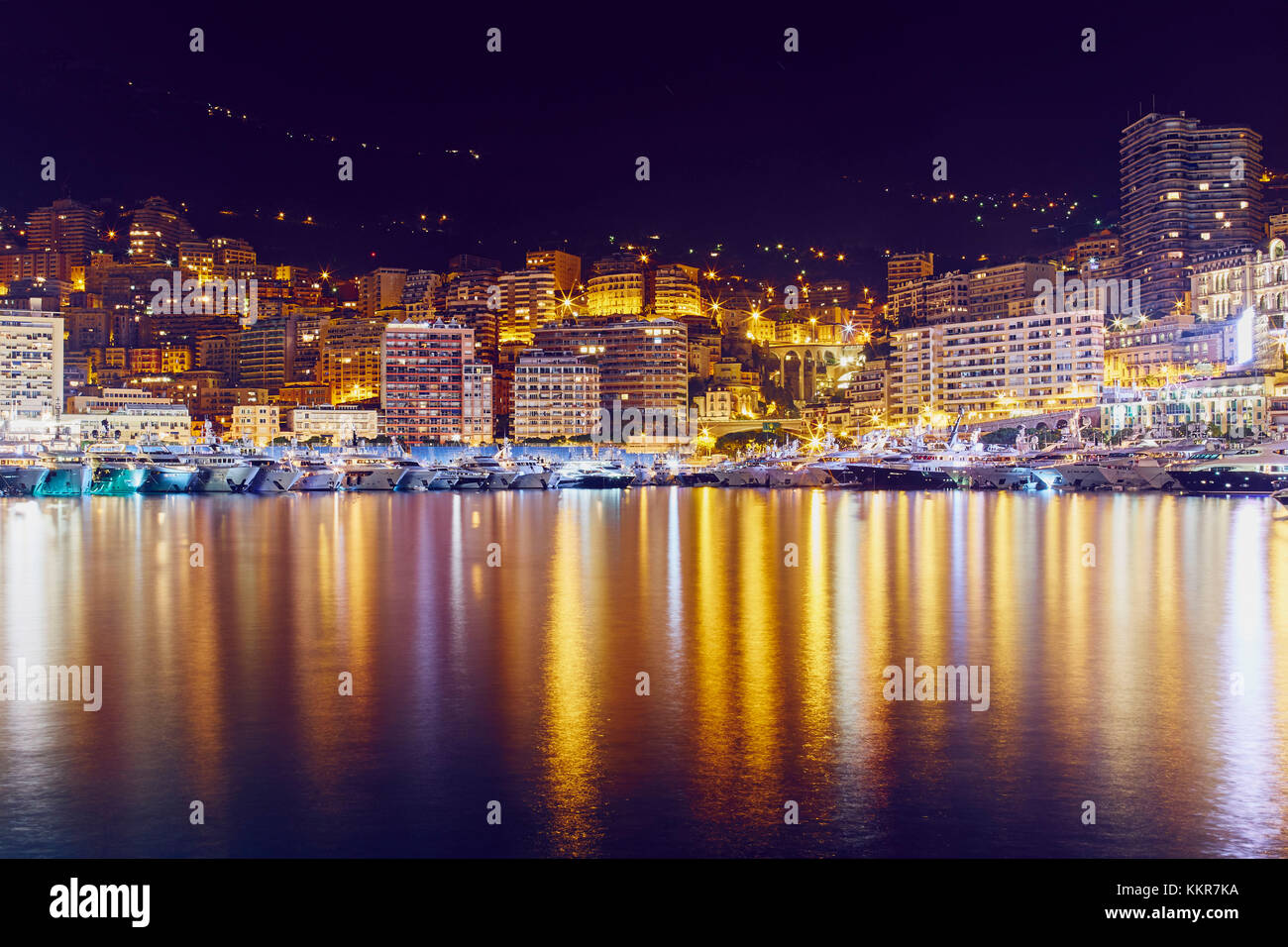 Night view of Montecarlo, Monaco, Principality of Monaco, Cote d'Azur, South of France, Western Europe, Europe Stock Photo