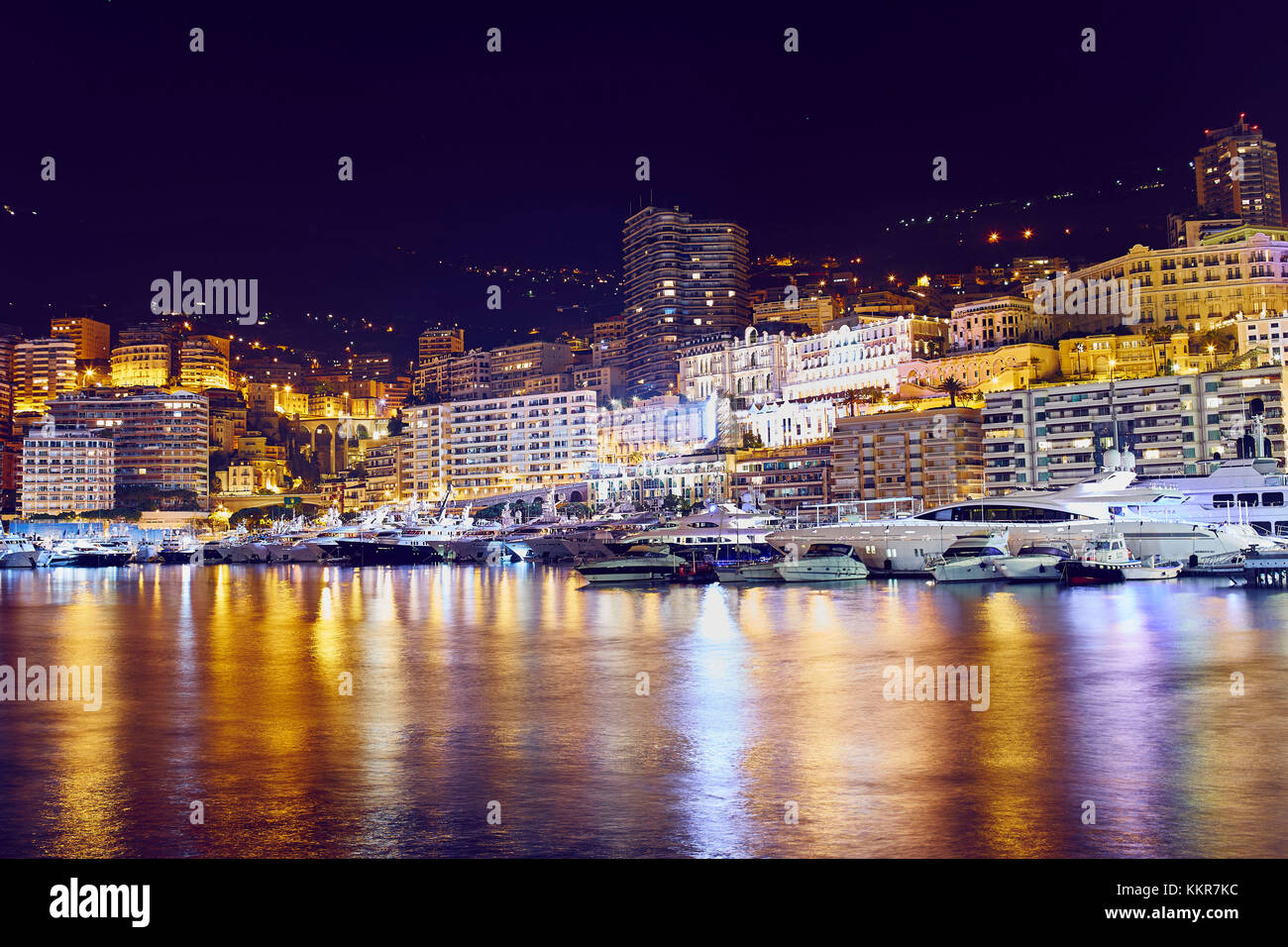 Night view of Montecarlo, Monaco, Principality of Monaco, Cote d'Azur, South of France, Western Europe, Europe Stock Photo