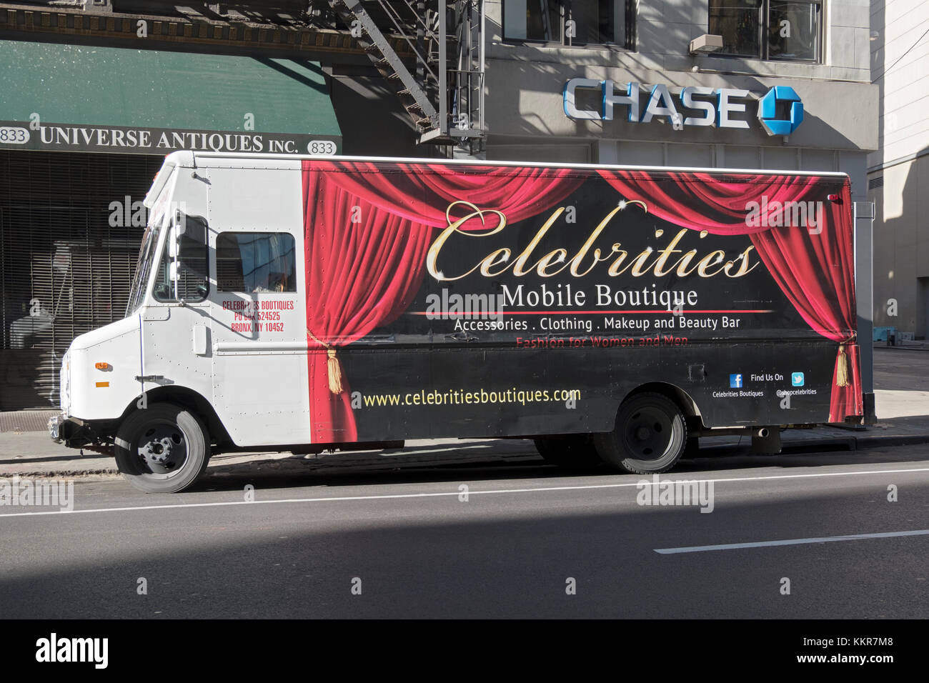CELEBRITIES BOUTIQUES, a truck turned into a omwen's clothing store parked on Broadway in Greenwich Village, New York City. Stock Photo