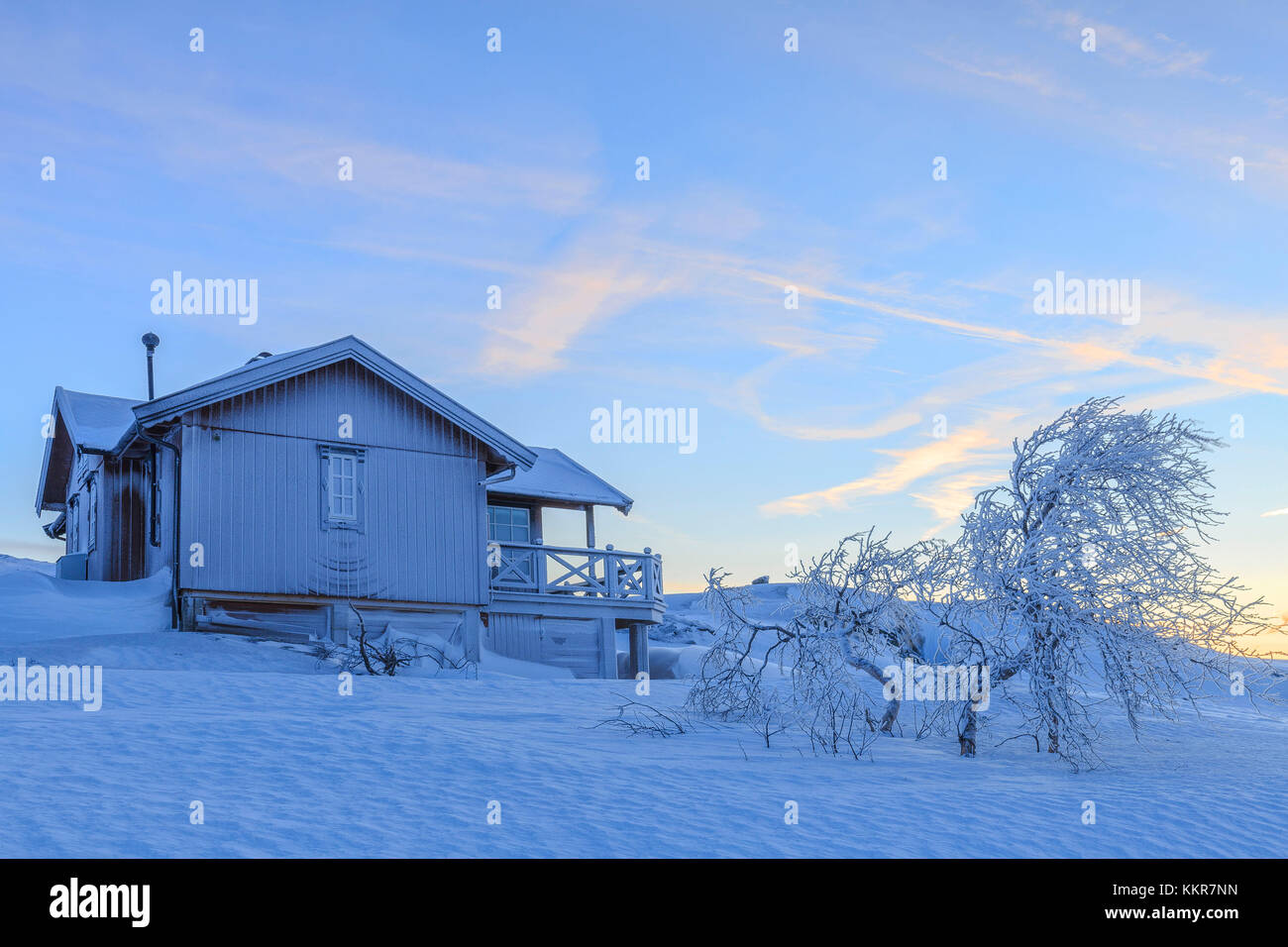 House isolated on the border between Norway and Sweden. Bjornfjell, Riskgransen, Norbottens Ian, Lapland, Sweden,Europe Stock Photo