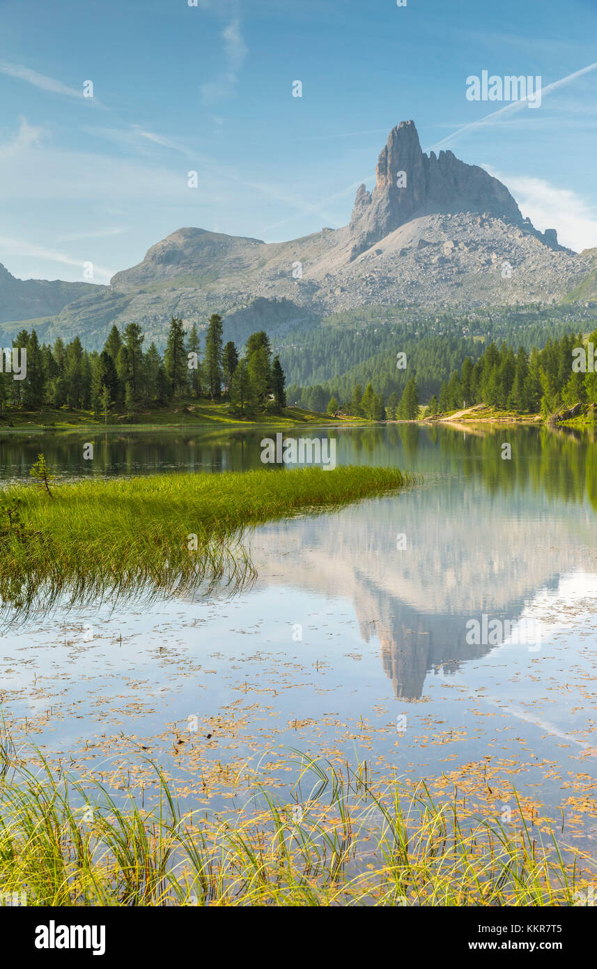 Mount Becco di Mezzodì and lake Federa;Cortina d'Ampezzo,Belluno district,Veneto,Italy Stock Photo