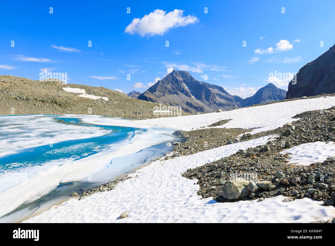 Lej Lagrev during the thaw, St. Moritz, Engadine, canton of Graubünden, Switzerland, Europe Stock Photo