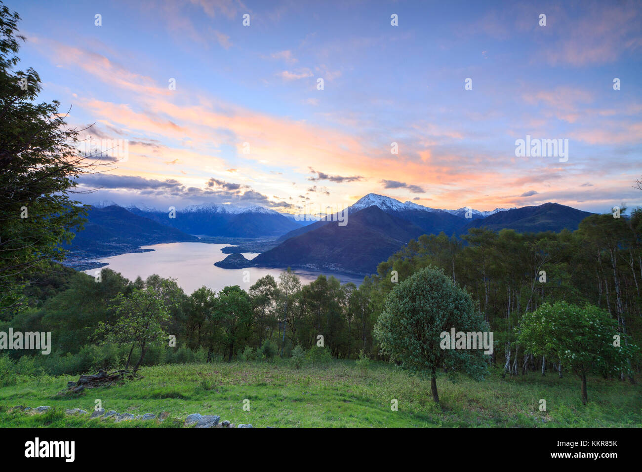 Pink sky at dawn on Lake Como seen from Cremia San Domenico Lombardy Italy Europe Stock Photo
