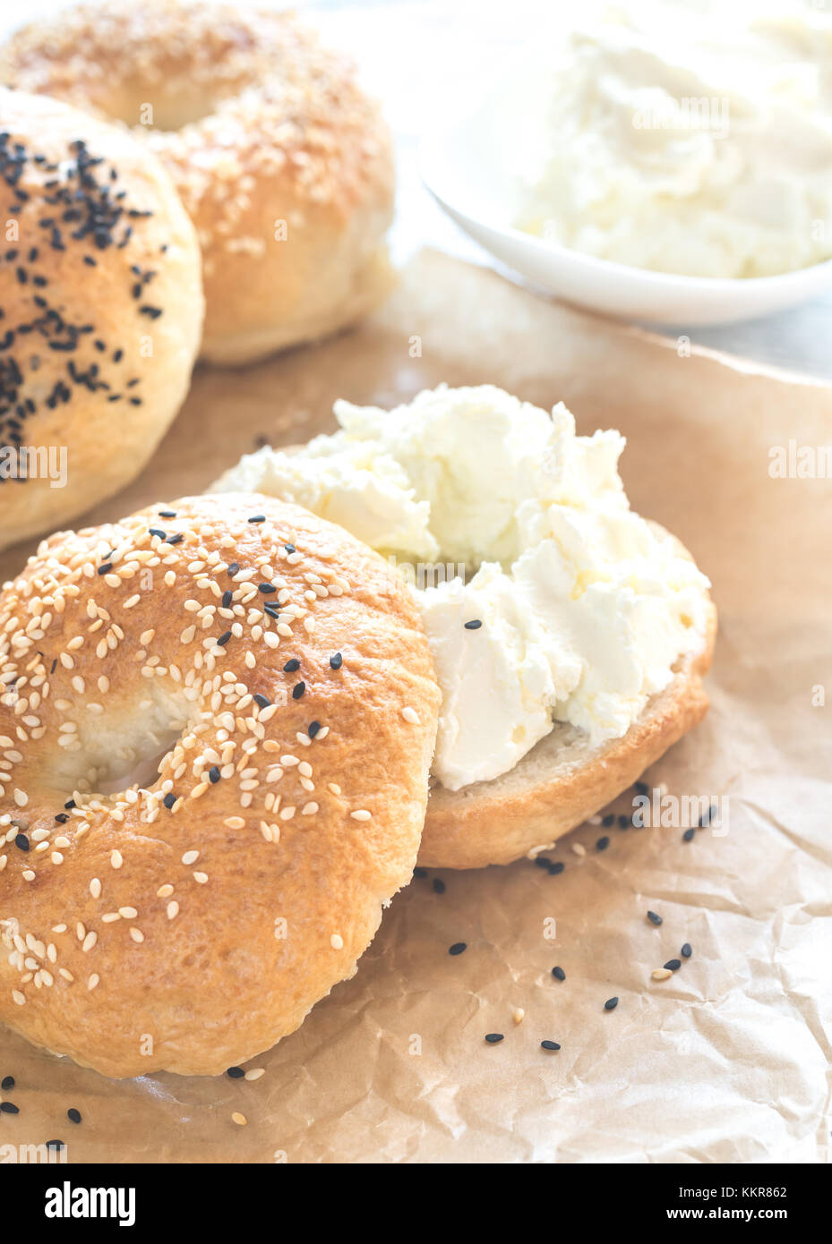 Bagel with cream cheese Stock Photo Alamy
