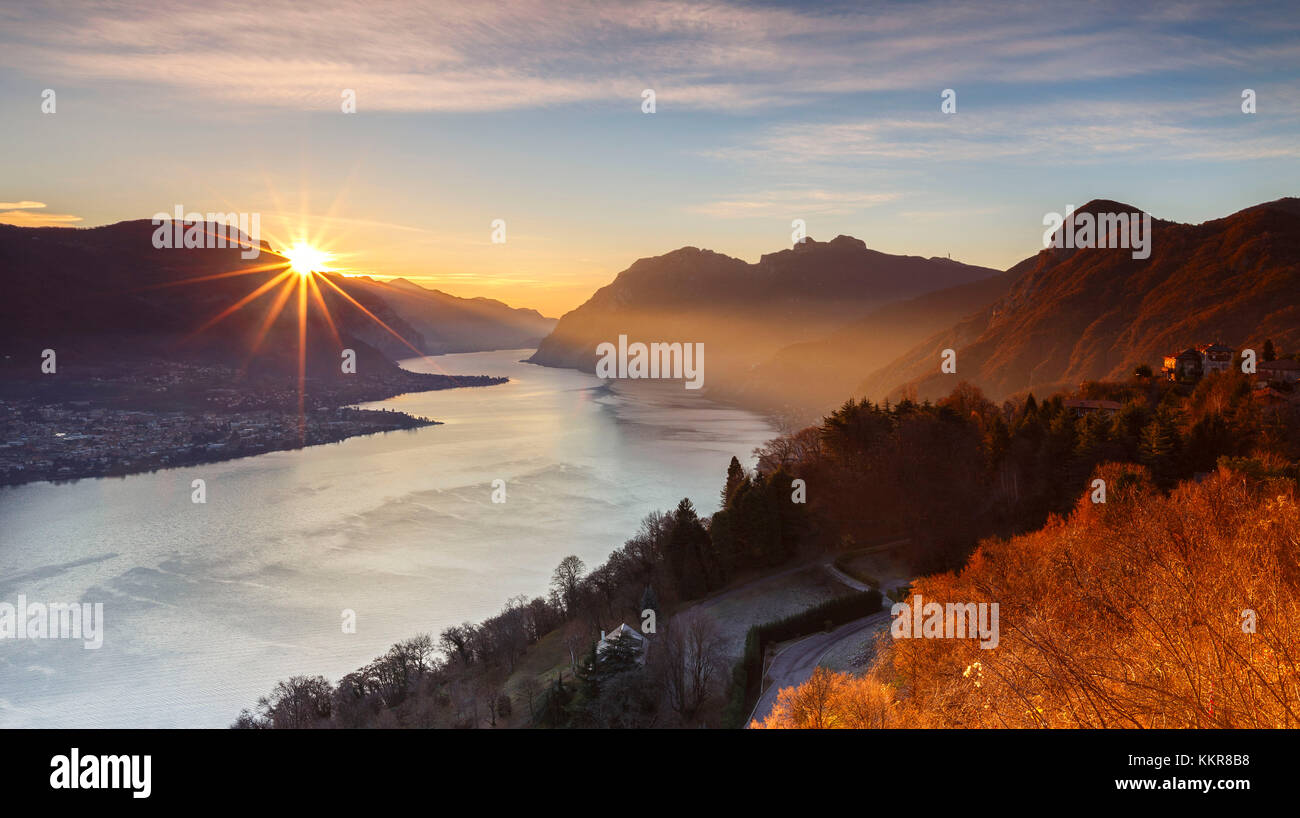 Sunrise on lake Como, Civenna, Como province, Lombardy, Italy, Europe Stock Photo