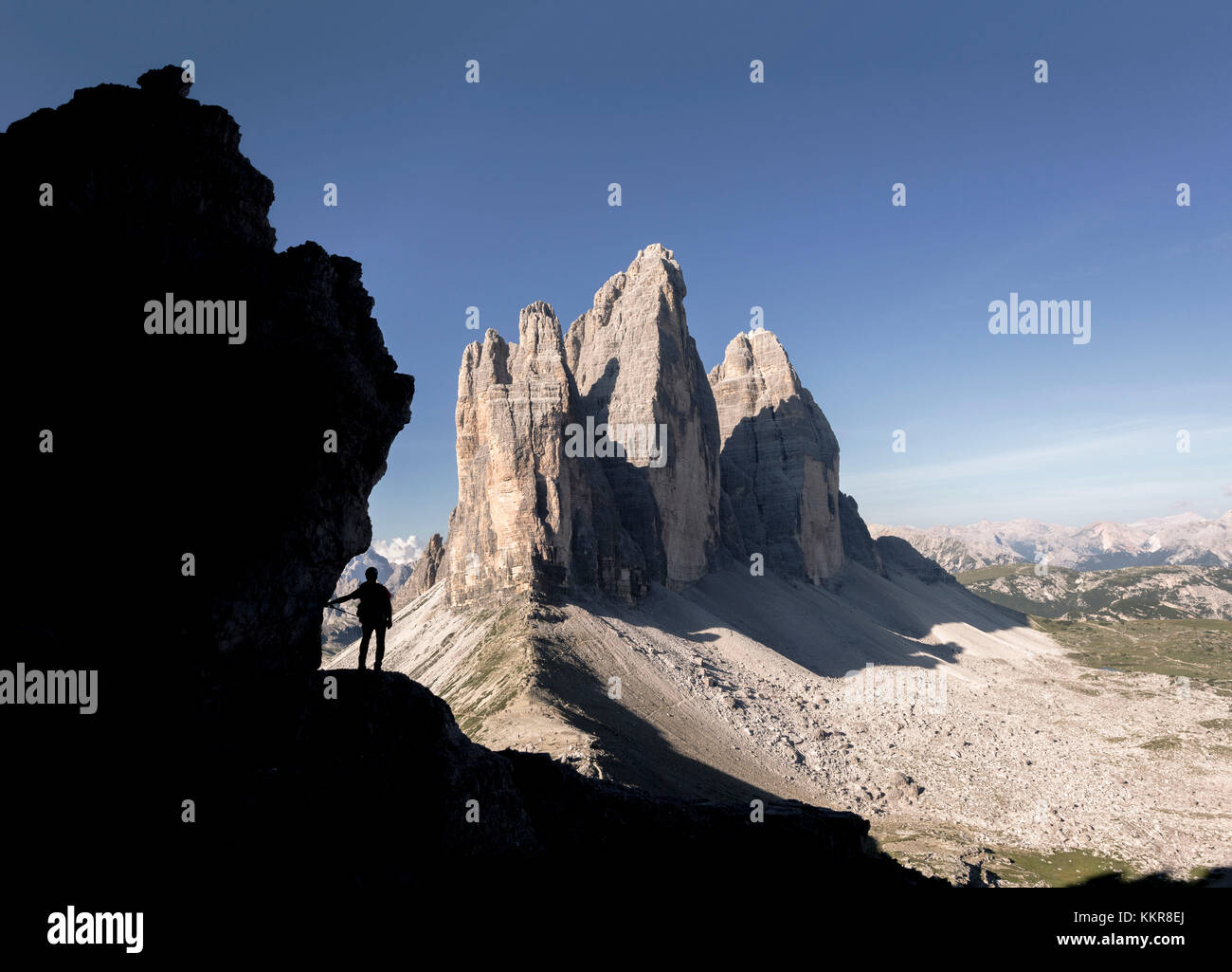 Sesto/Sexten, Dolomites, South Tyrol, province of Bolzano, Italy. An hiker on the 'Path of the Peace' admire the Tre Cime di Lavaredo/Drei Zinnen Stock Photo