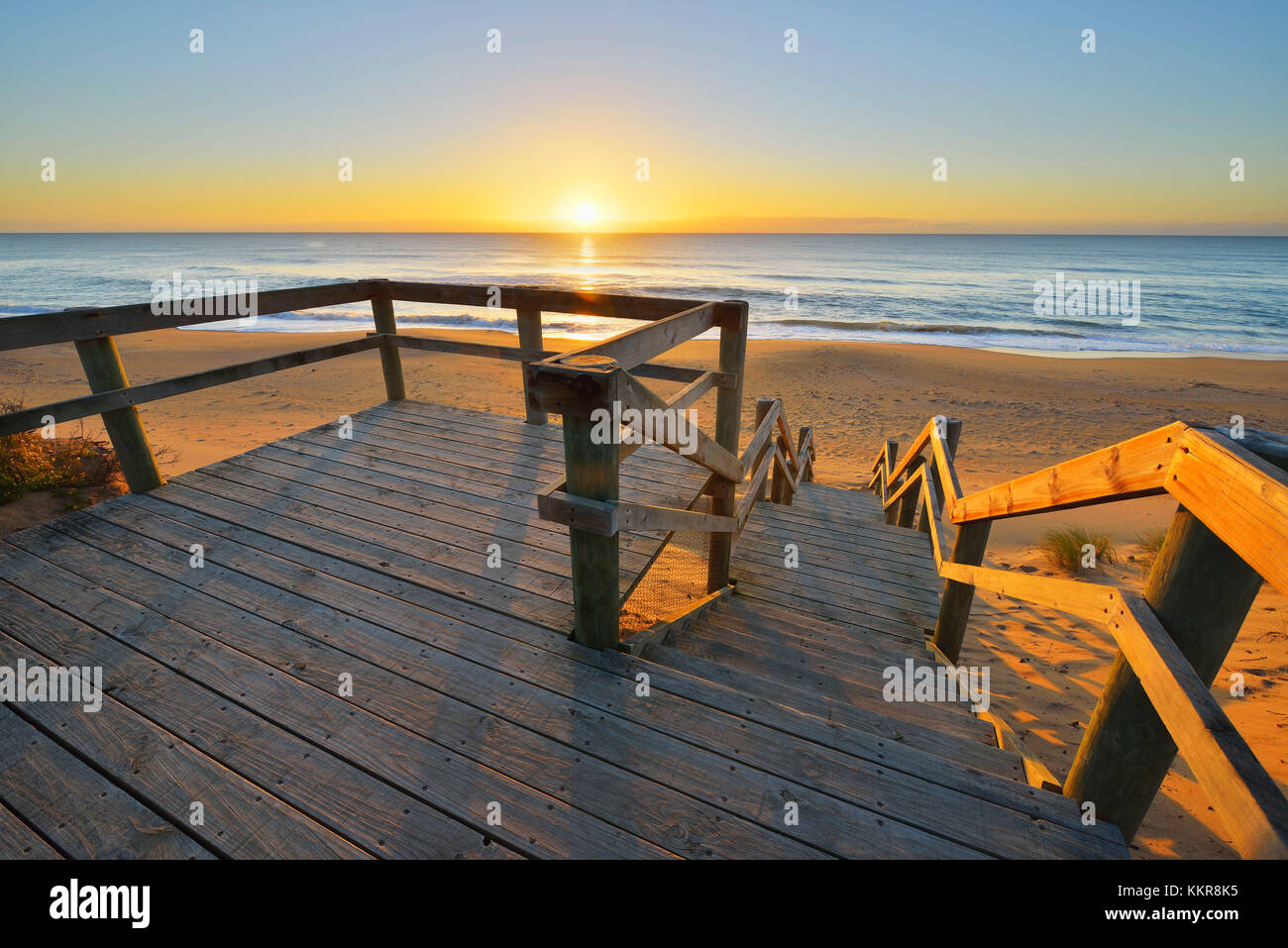 Wooden Staircase to the Beach at Sunrise, Paradise Beach, Ninety Mile Beach, Victoria, Australia Stock Photo