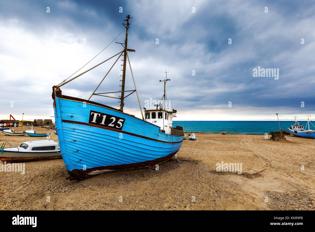 Boats on the beach of vorupoer in the national park Thy Stock Photo