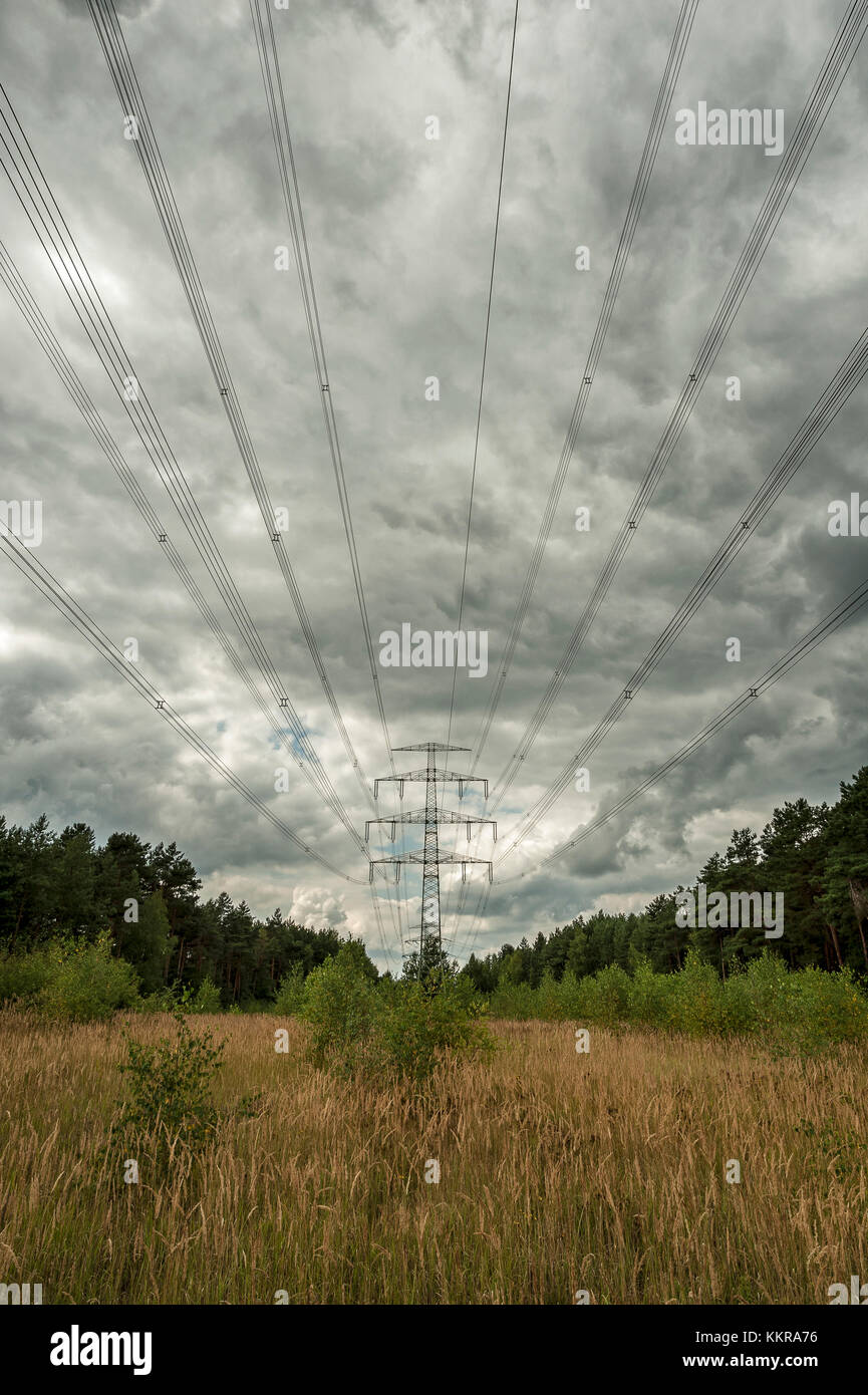 Electricity Pylons in fields with cloudy sky, vertical Stock Photo - Alamy