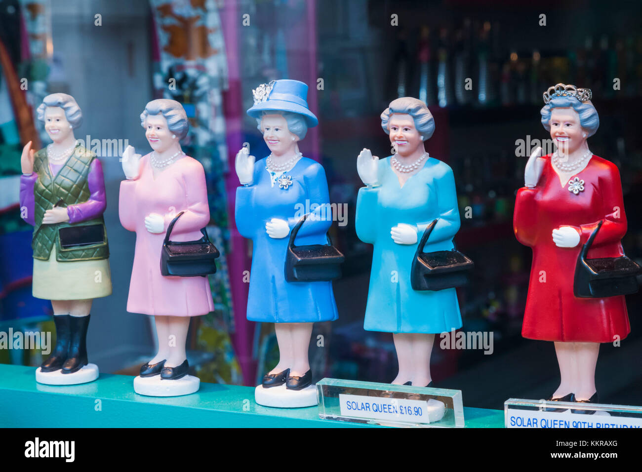 England, London, Nottinghill, Portobello Road, Souvenir Shop Display of Models of Queen Elizabeth II Stock Photo