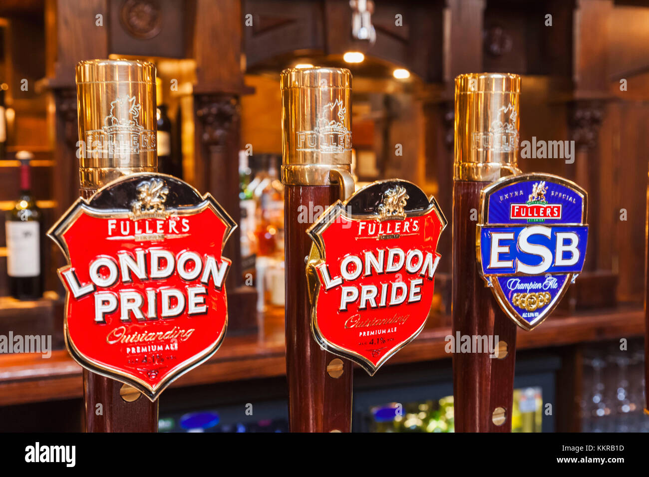 England, London, Pub Beer Pump Handles Stock Photo