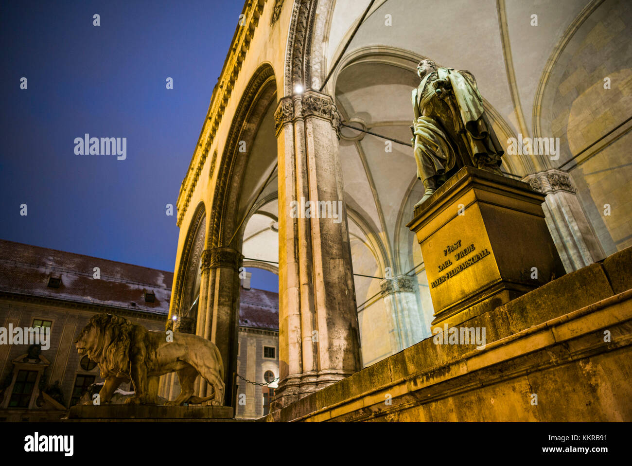 Germany, Bavaria, Munich, the Feldherrnhalle monument, evening, statue of Fieldmarshall Karl Wrede Stock Photo