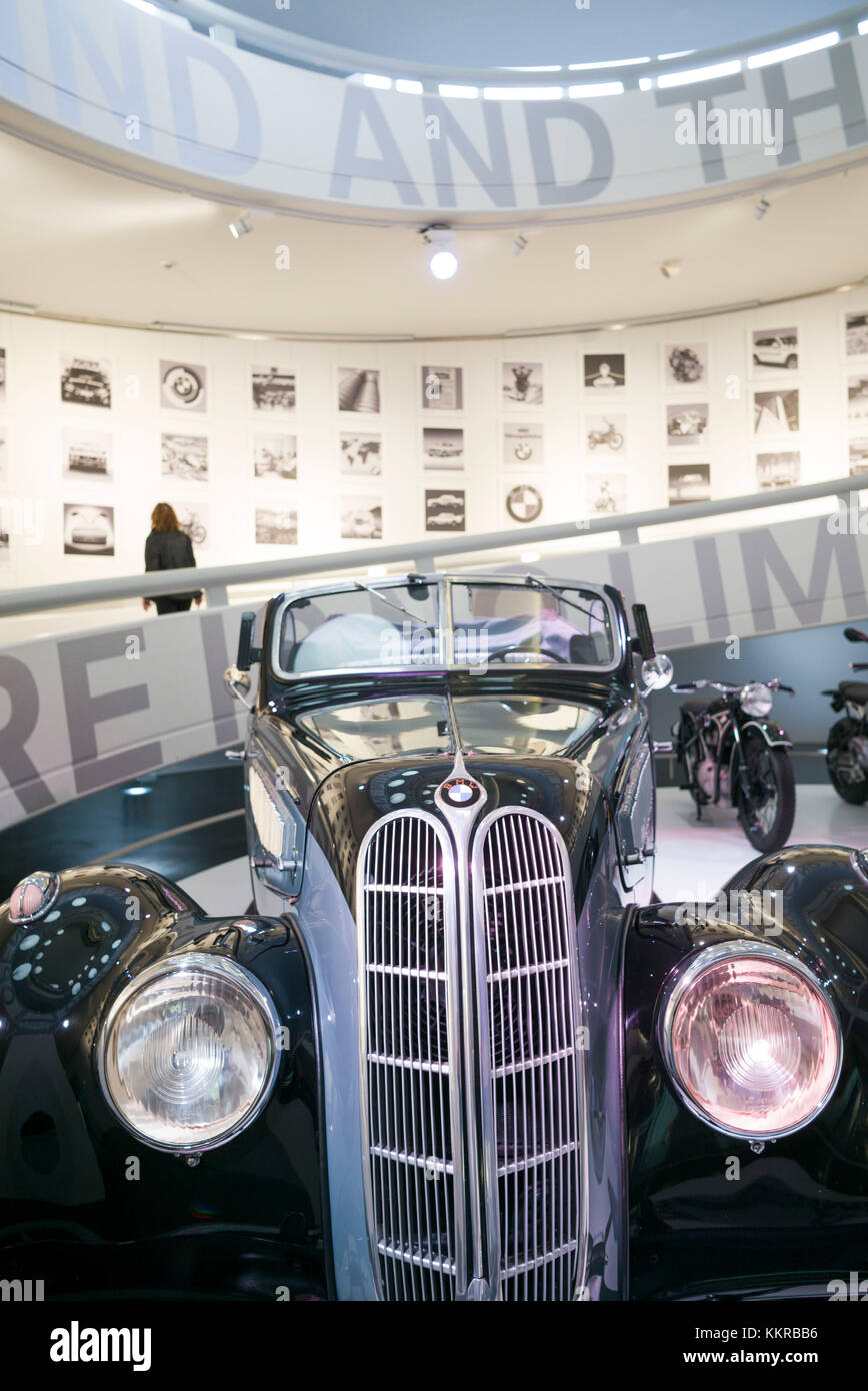 Germany, Bavaria, Munich, BMW Museum, atrium and BMW cars Stock Photo