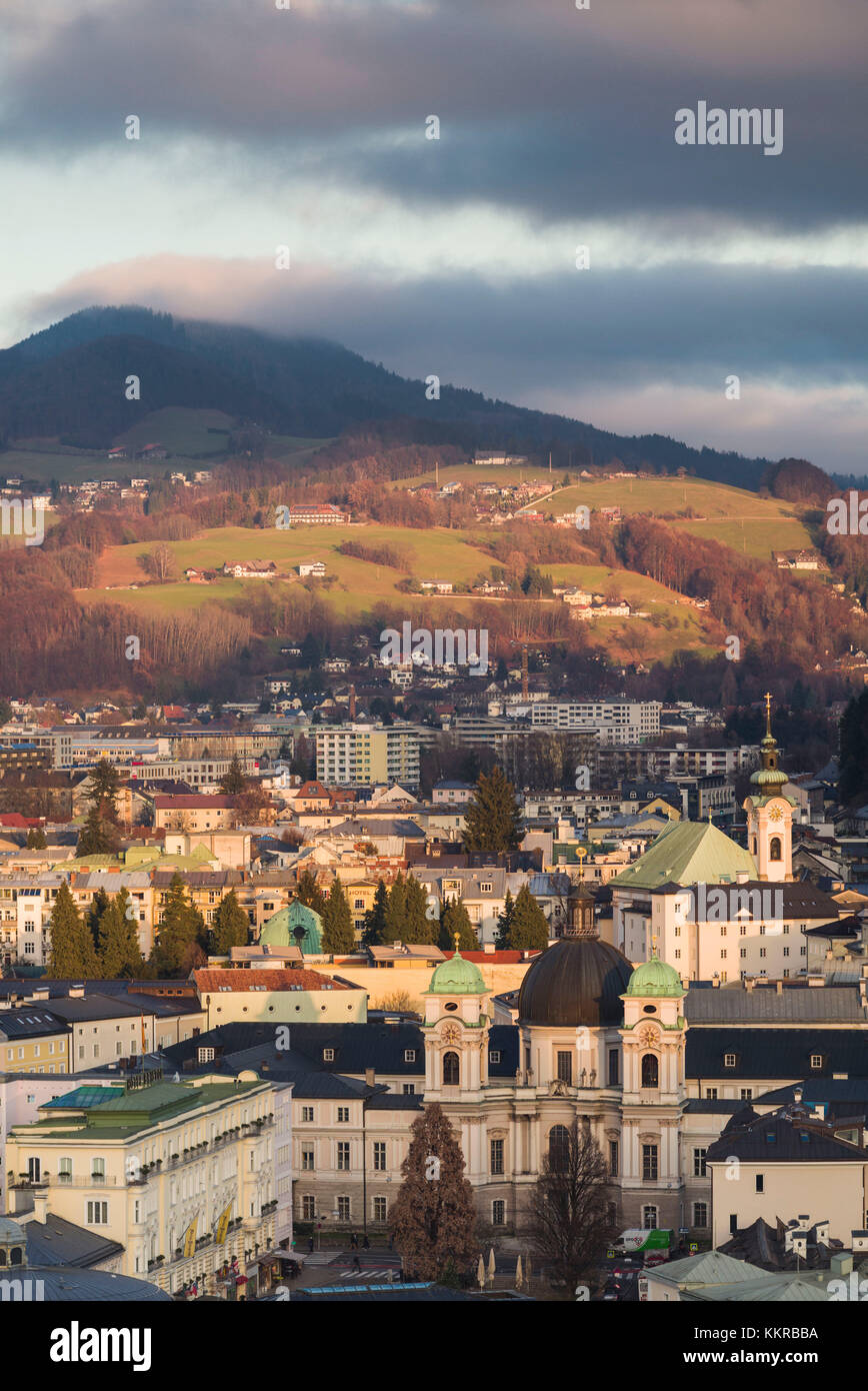 Austria, Salzburgerland, Salzburg, elevated view of eastern regions, dusk Stock Photo