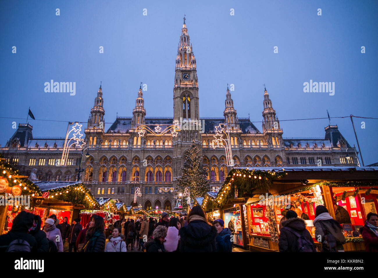 Austria, Vienna, Rathausplatz Christmas Market by Town Hall, evening ...