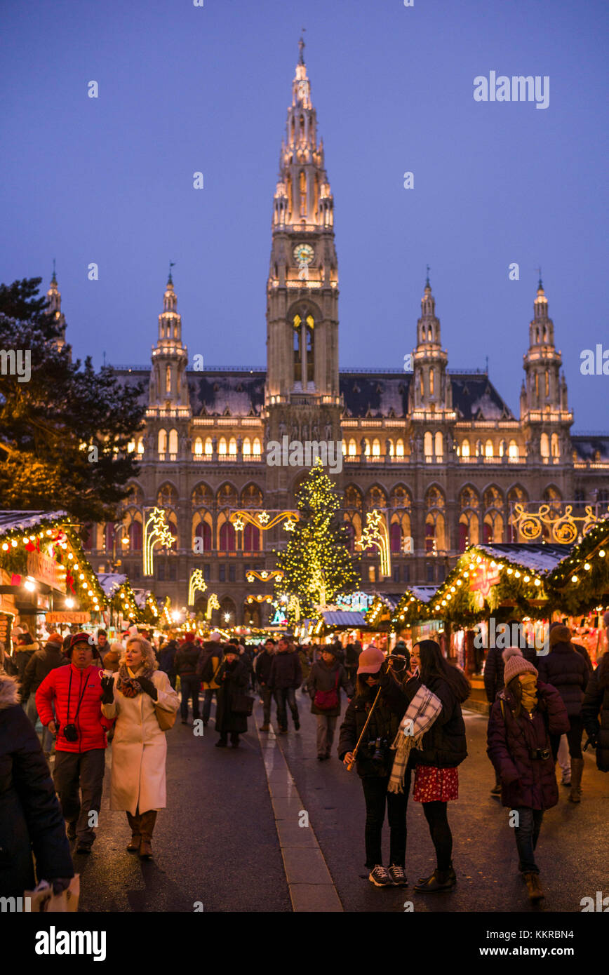 Austria, Vienna, Rathausplatz Christmas Market by Town Hall, evening ...