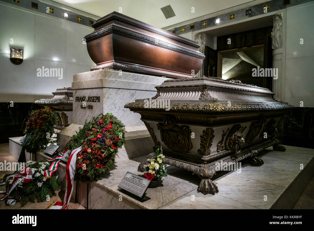 Austria, Vienna, Kaisergruft, Imperial Burial Vault, resting place of the Hapsburg Royal Family, crypt of Kaiser Fanz Joseph, wife Elisabeth of Bavaria (Sissi) and their son Prince Rudolf who comitted suicide at Mayerling Stock Photo