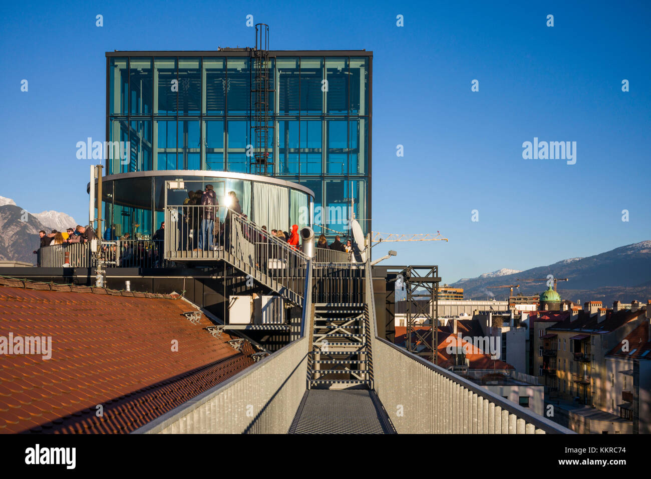 Austria, Tyrol,  Innsbruck, Rathaus Galerien shopping center, outdoor 360 Cafe Stock Photo