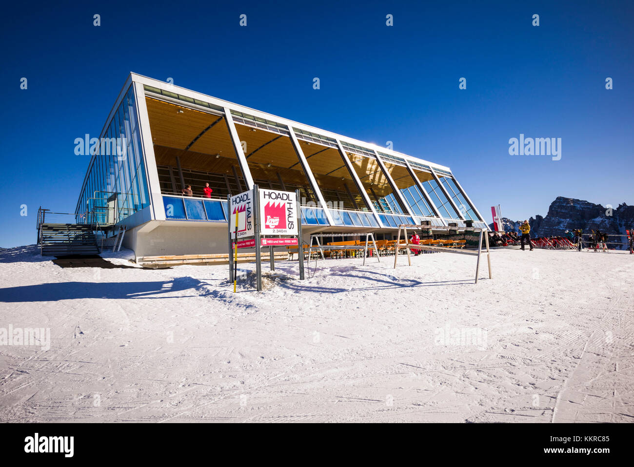 Austria, Tyrol, Axamer Lizum, hosting village of the 1964 and 1976 Winter Olympics, Hoadl Haus restaurant exterior, elevation 2340 meters, winter Stock Photo