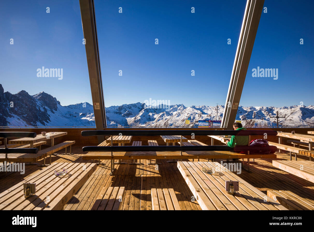 Austria, Tyrol, Axamer Lizum, hosting village of the 1964 and 1976 Winter Olympics, Hoadl Haus Restaurant dining area, elevation 2340 meters, winter Stock Photo