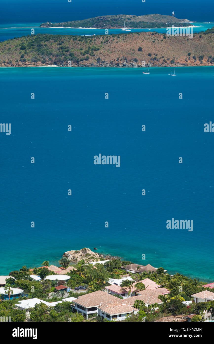 British Virgin Islands, Virgin Gorda, Leverick Bay, elevated view of village and North Sound Stock Photo