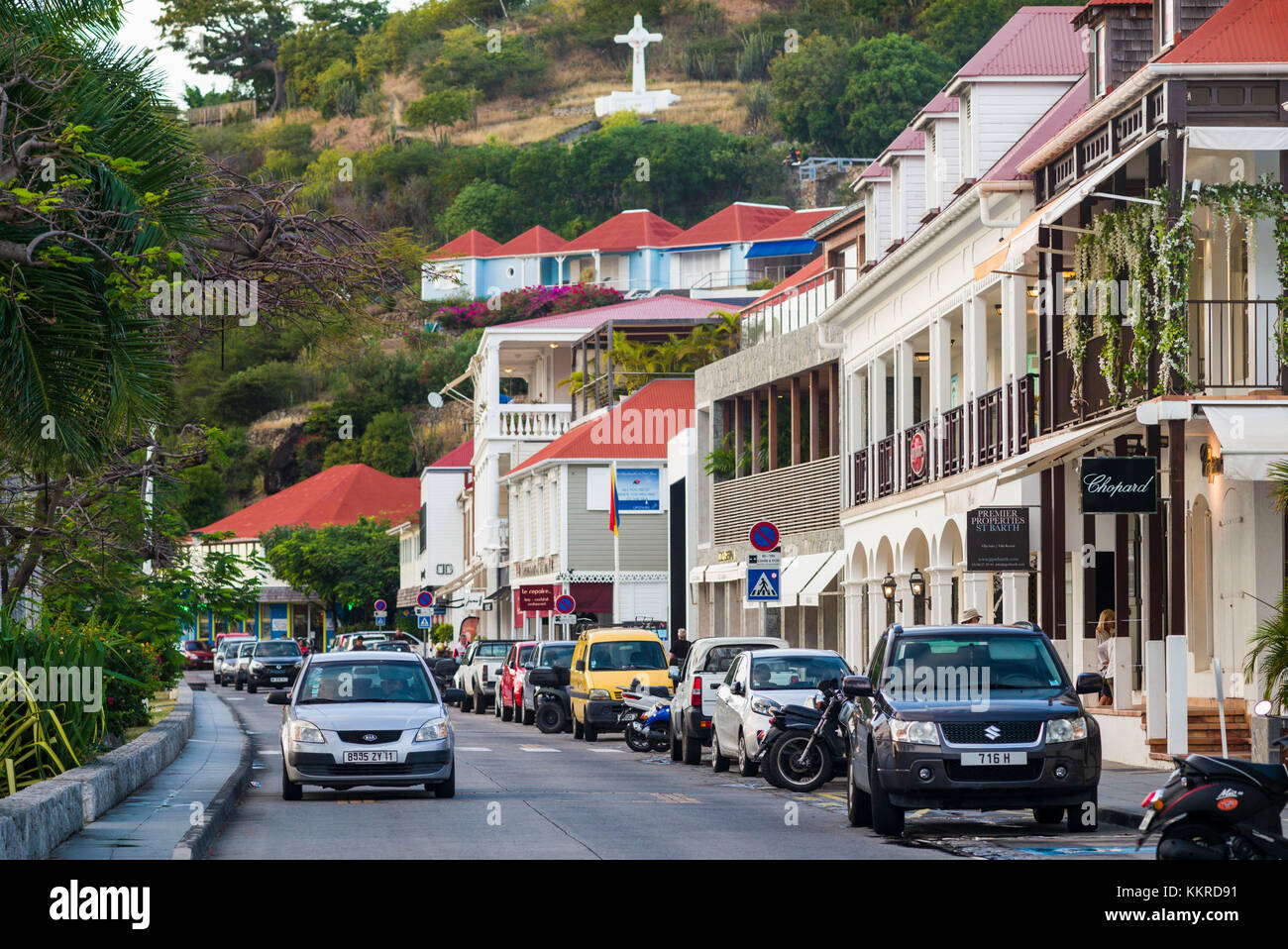 Gustavia, St Barths-- April 25, 2018. A pretty cobblestone street winds its  way through a shopping district in Gustavia, St. Barths. Editorial Use Onl  Stock Photo - Alamy