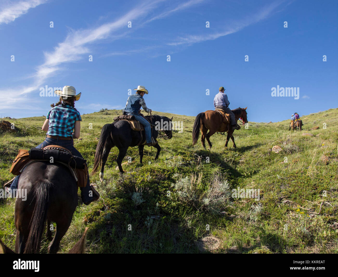 Horseback Riders On Dude Ranch Stock Photo Alamy