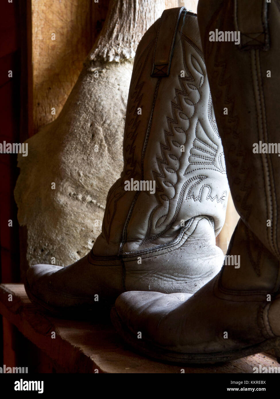 cowboy boots in window Stock Photo