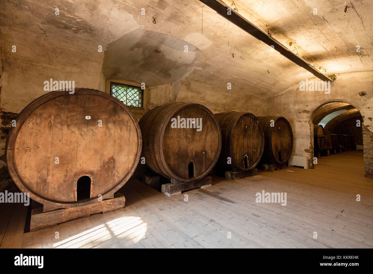 Wood barrels of wine cellar of the monastery of Astino, Longuelo, province of Bergamo, Lombardy, Italy, Europe Stock Photo
