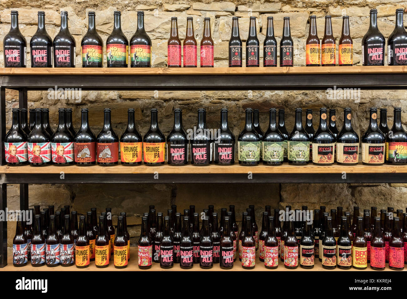 Bottles of craft beer in the canteen of the monastery of Astino