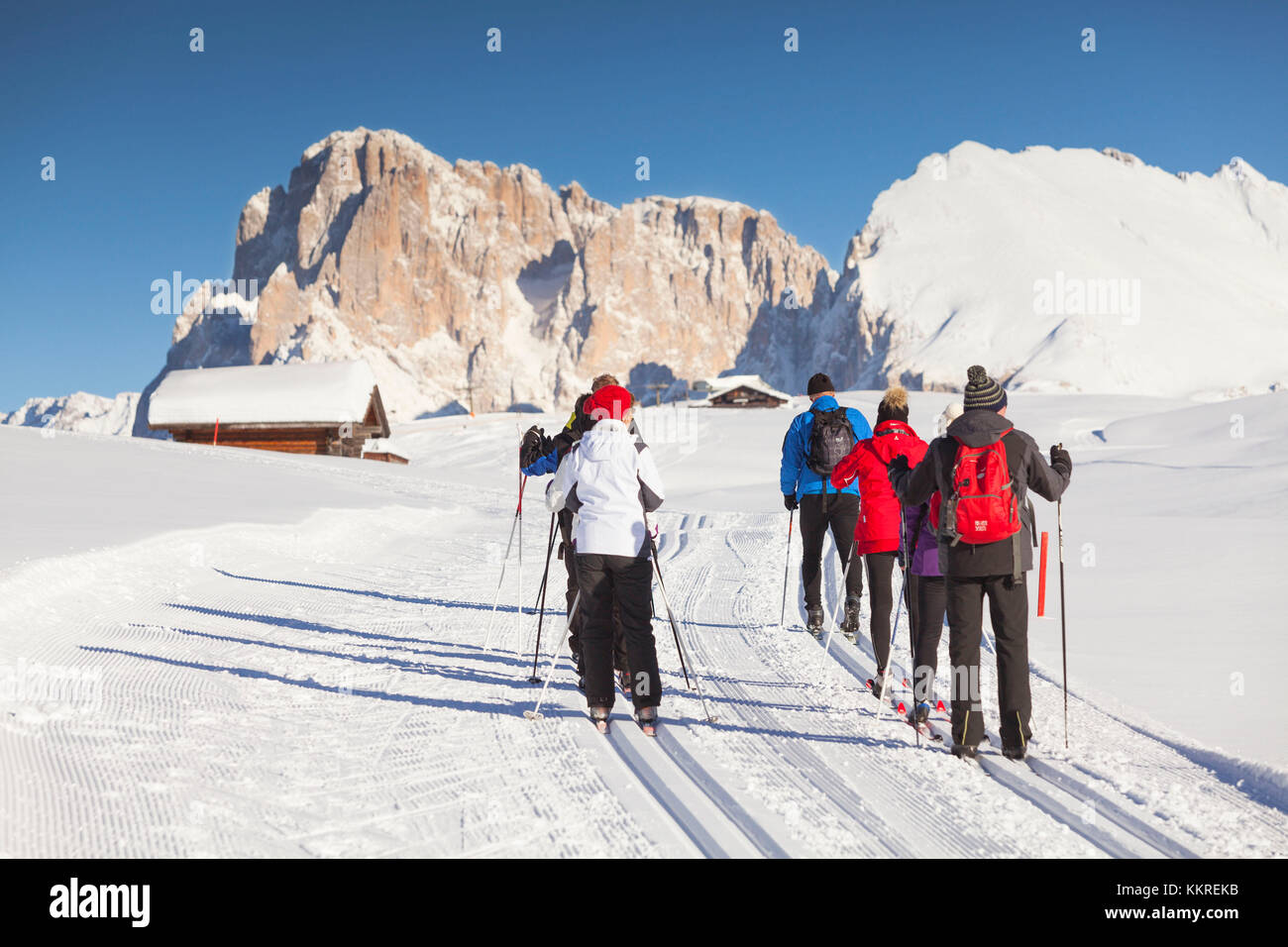 a group of skiers are going with the cross country skies with the langkofel Group in the background, Bolzano province, South Tyrol, Trentino Alto Adige, Italy Stock Photo