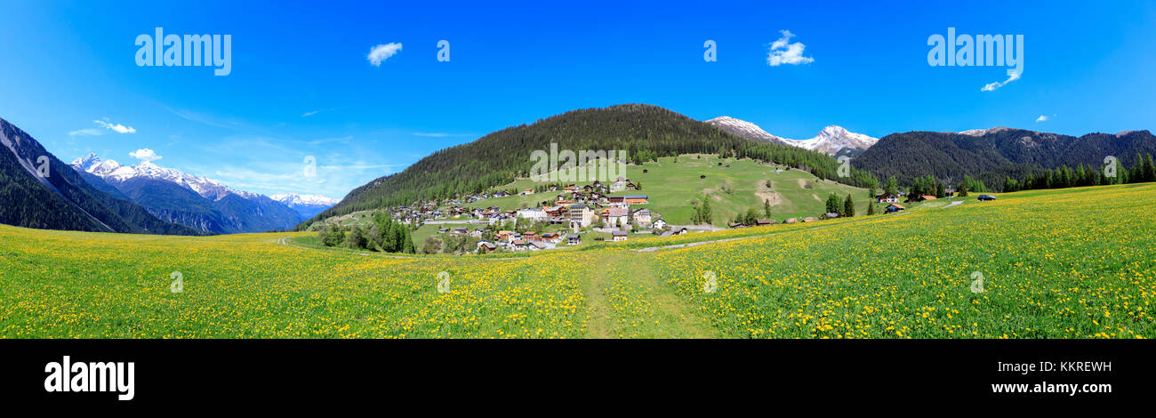Panoramic of the alpine village of Davos Wiesen in spring, Canton of Graubünden, Prettigovia Davos Region, Switzerland Stock Photo