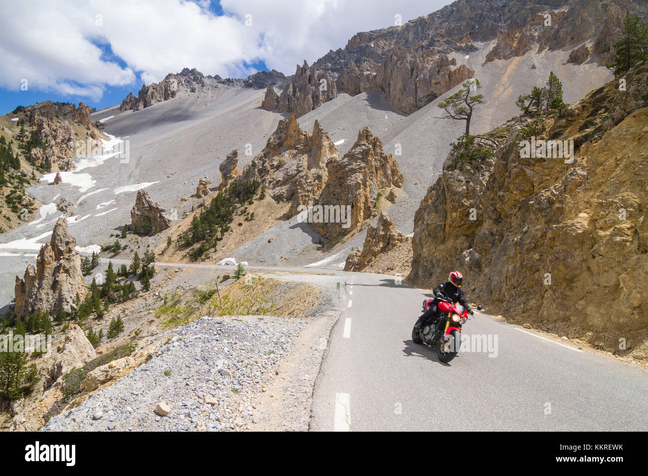 motorcyclist at Col du Izoard in France near Briancon, France, Europe Stock Photo