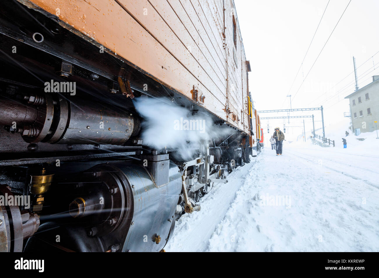 Details of the snowplow of Bernina Express train, Ospizio Bernina, Poschiavo, canton of Graubünden, Engadin, Switzerland Stock Photo