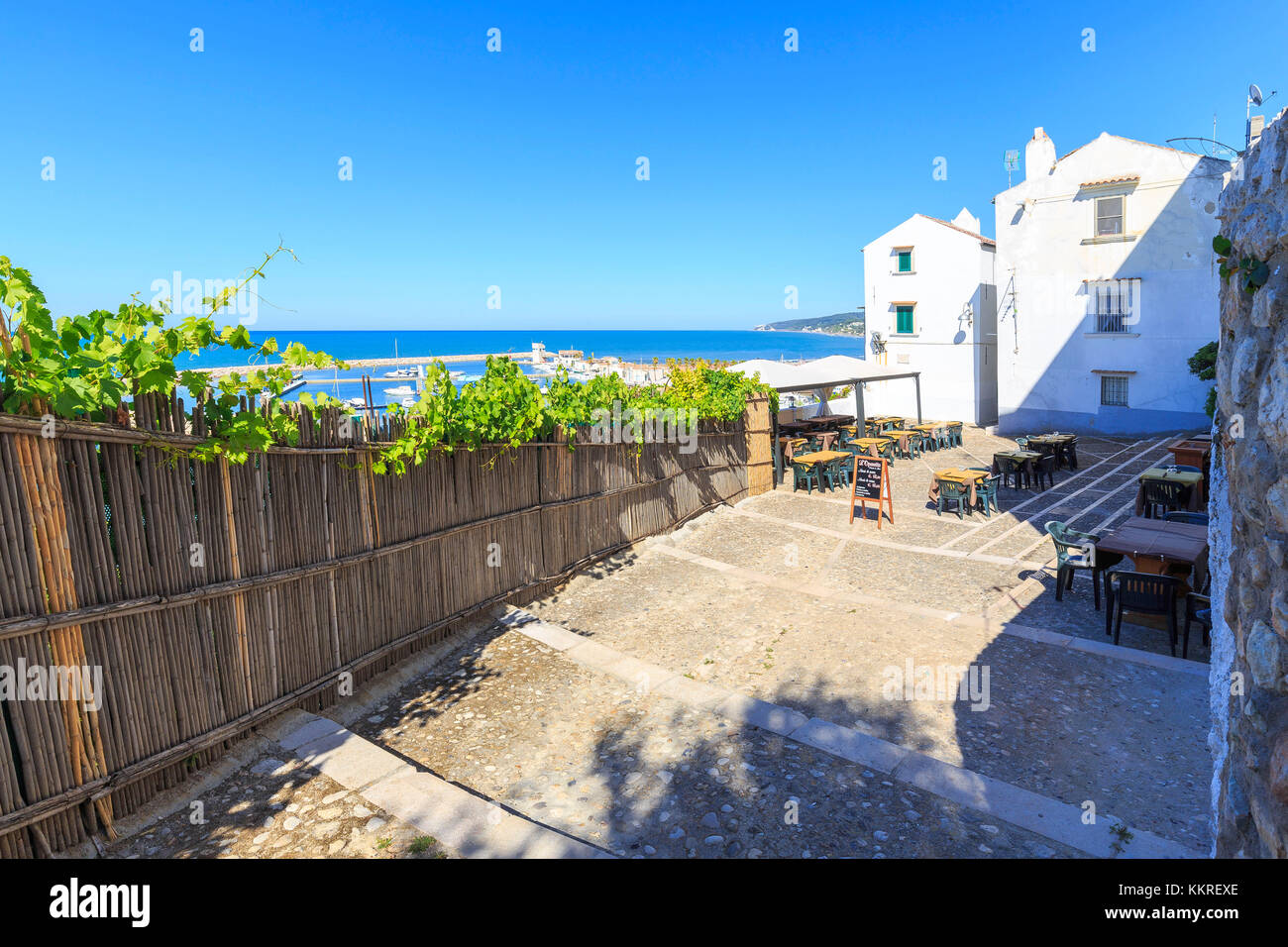 Square of the old town of Rodi Garganico with look over the harbor. Apulia(Puglia), Italy. Stock Photo
