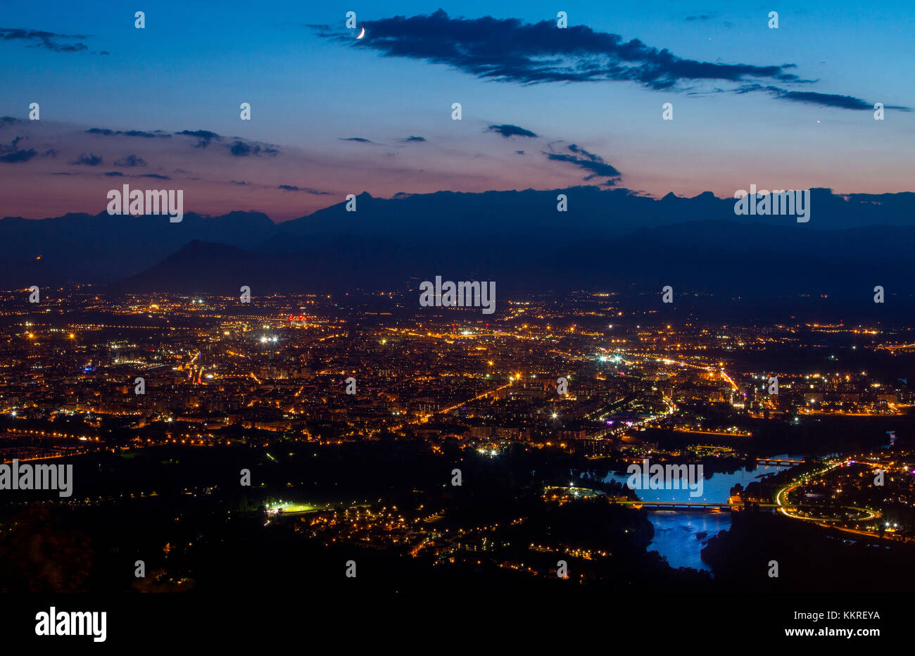 Turin city by night from Superga hill. Turin, Piedmont, Italy Stock Photo