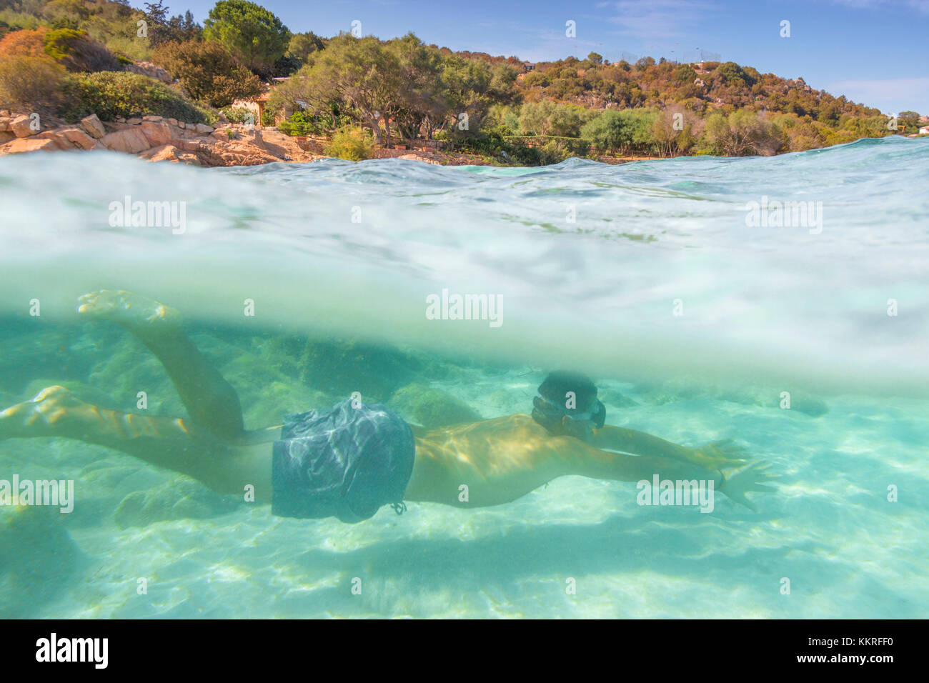 Snorkeling in the turquoise water in Marinella (Olbia), Olbia-Tempio province, Sardinia district, Italy Stock Photo