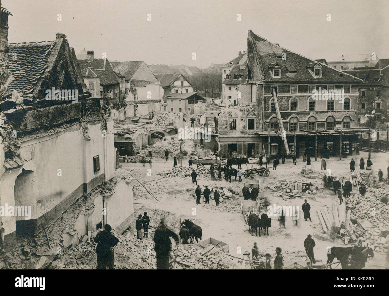Ljubljana po potresu 01 refers to a photograph or representation of Ljubljana, the capital of Slovenia, after an earthquake, capturing the aftermath and its impact on the city. Stock Photo