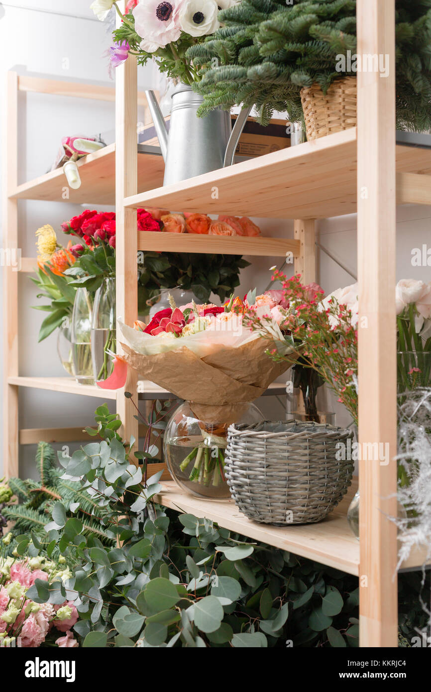 different varieties. Fresh spring flowers in refrigerator for flowers