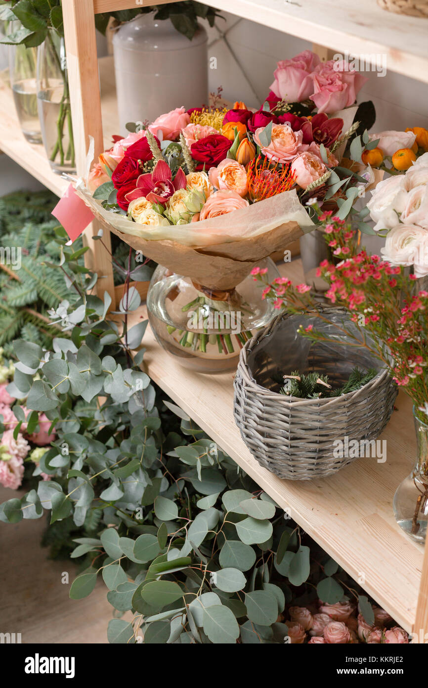 different varieties. Fresh spring flowers in refrigerator for flowers