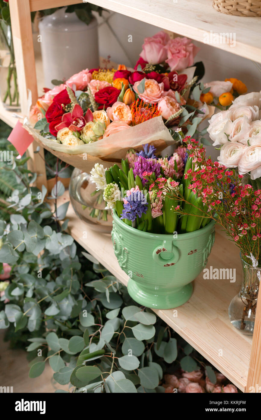 different varieties. Fresh spring flowers in refrigerator for flowers