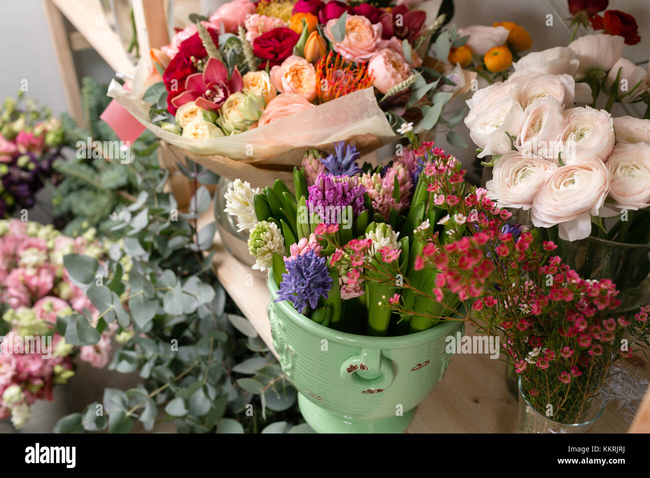 different varieties. Fresh spring flowers in refrigerator for flowers