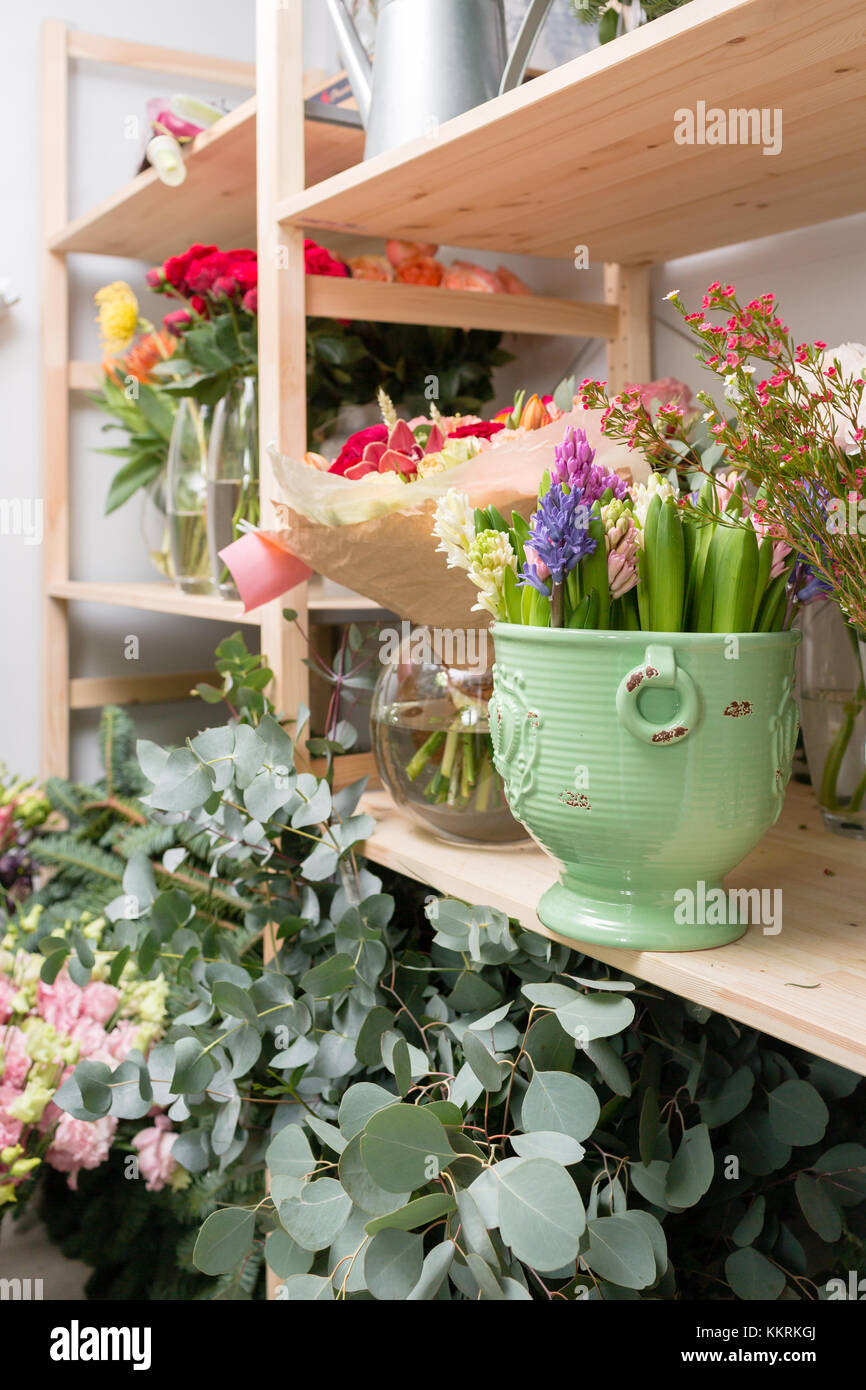 different varieties. Fresh spring flowers in refrigerator for flowers