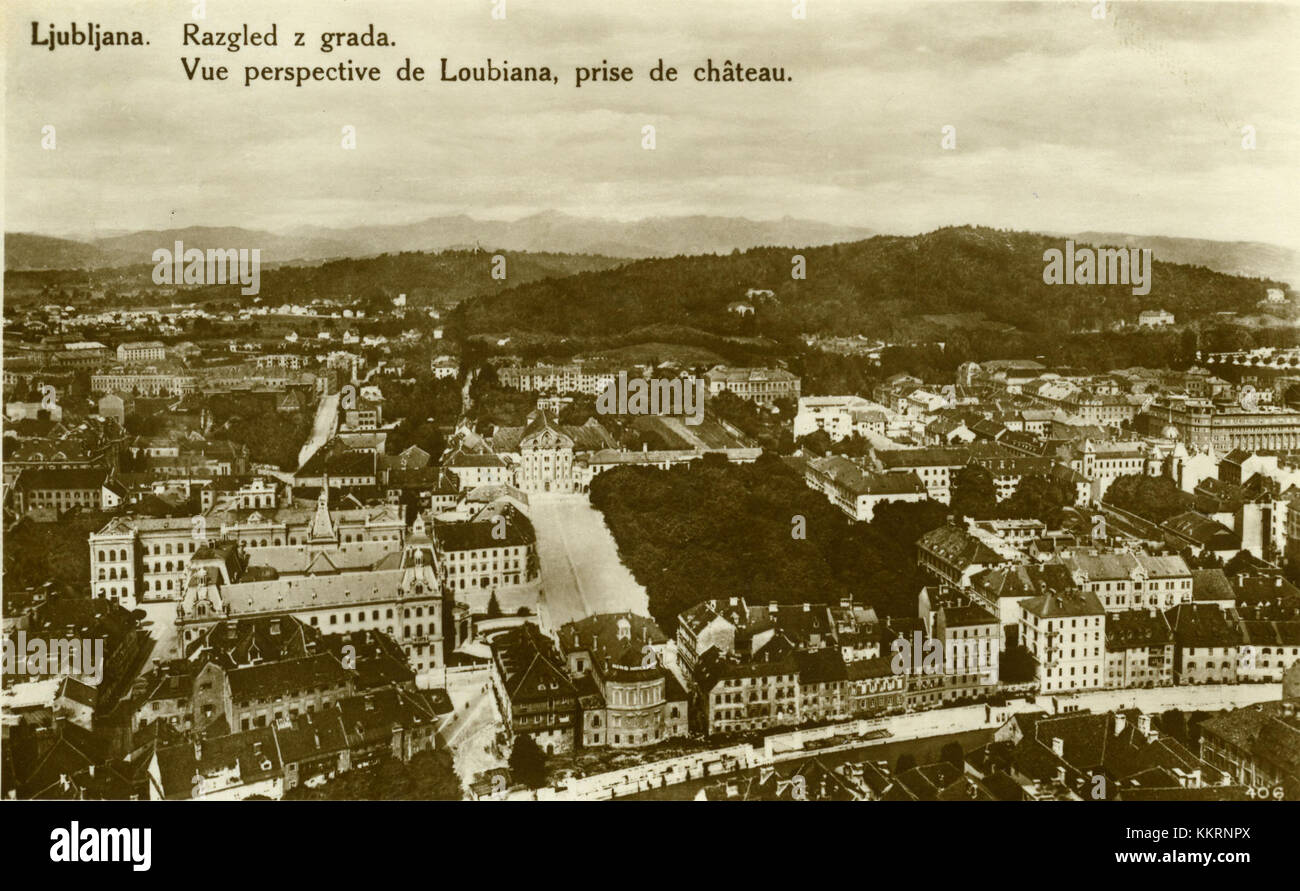 This postcard, dated 1928, shows a scenic view of Ljubljana, Slovenia, from Ljubljana Castle, providing a historical perspective on the city's architecture and landscape at that time. Stock Photo