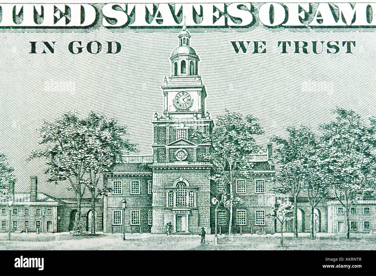 USA hundred dollars bill, Independence Hall close-up. Stock Photo