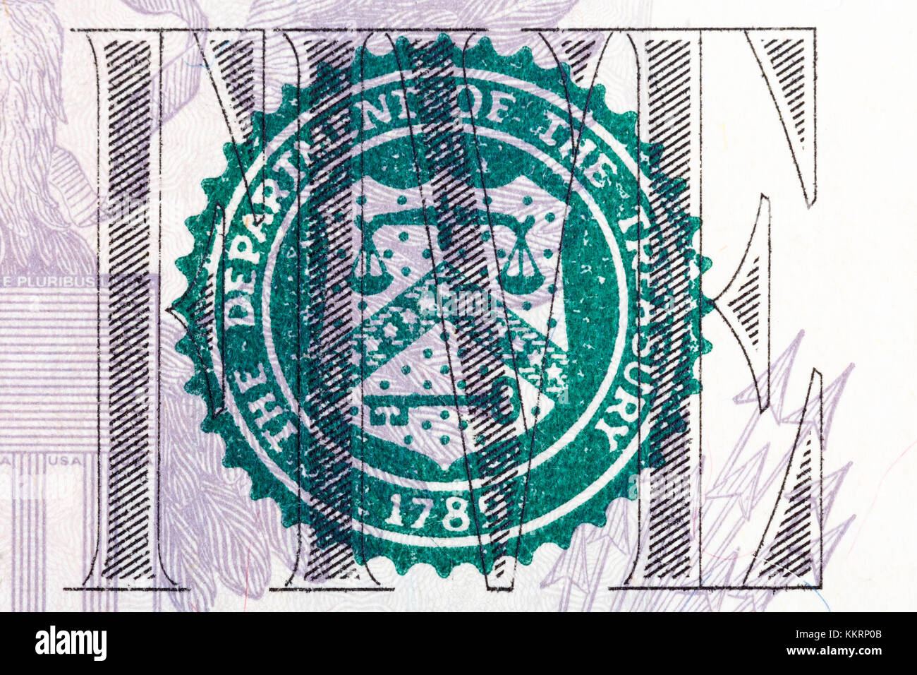 Department of the Treasury a print on five U.S. dollar bill. Stock Photo
