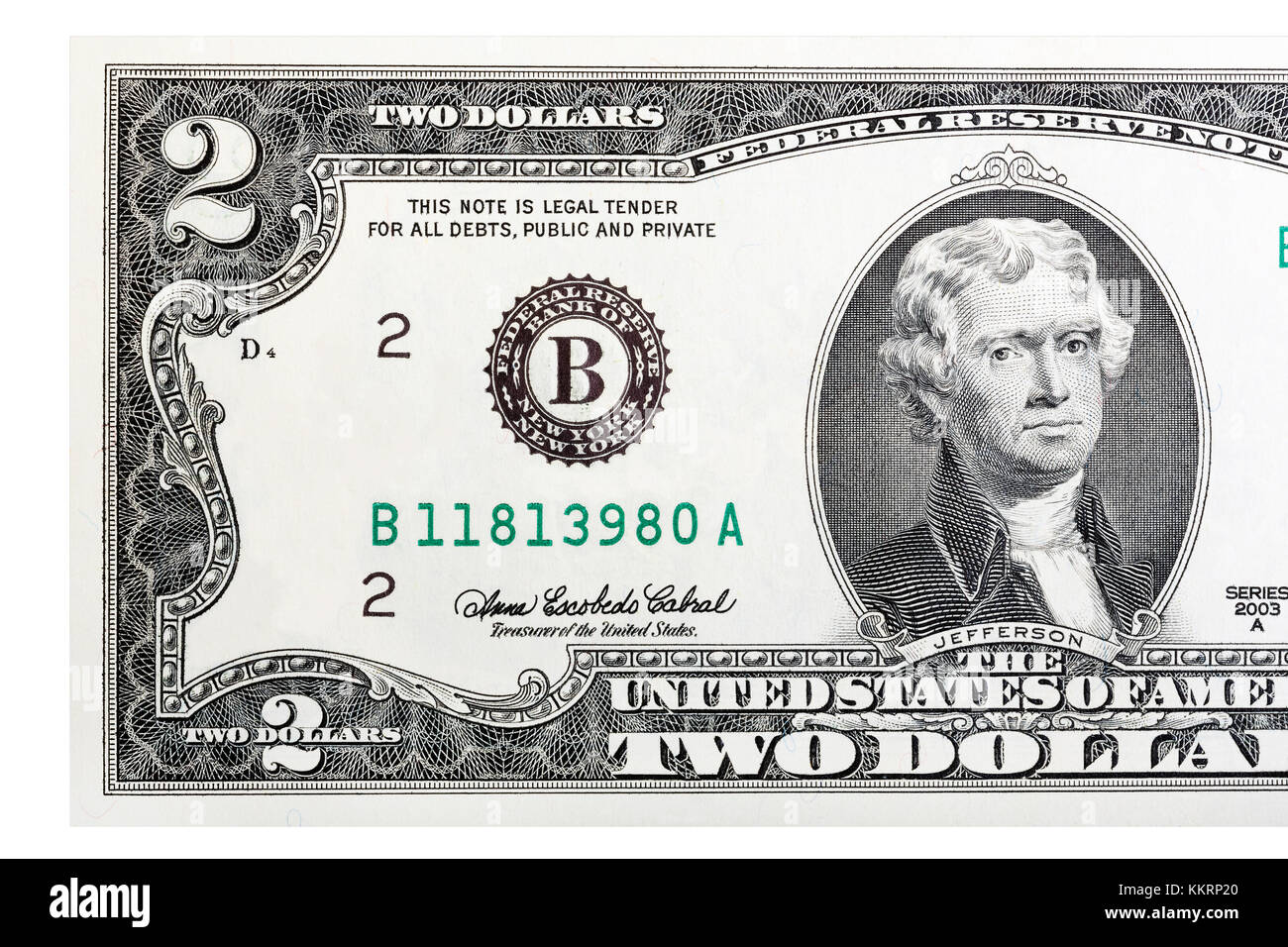 A close-up of a two U.S. dollar bill. Isolated. Stock Photo