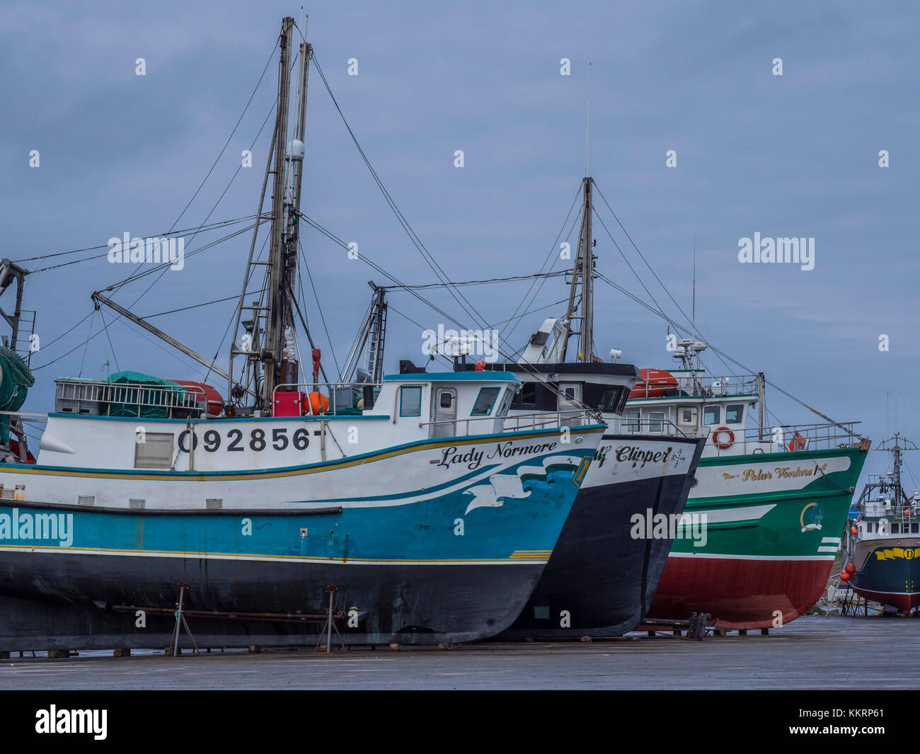 Boats in drydock, Port Saunders Marine Service Centre, Port Saunders, Highway 430, the Viking Trail, Newfoundland, Canada. Stock Photo